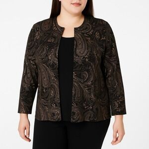 Elementz Twinset Black Metallic Gold Bronze Paisley Print Collarless Jacket 2X